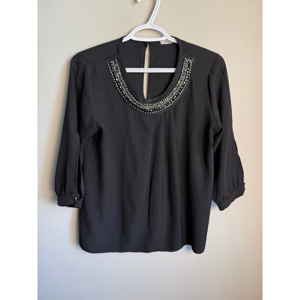 Elena Baldi Beaded Neckline 3/4 Sleeve Blouse Black M Italian Chic Career Staple